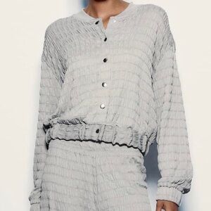 NWT Zar Textured ruched gray bomber jacket & wide leg pants coord set medium L